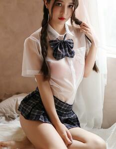 超かわいい　チアガール　透け透け　学生制服「トップス?ミニスカート?リボン?Tバック4点セット」ベビードール　コスプレ衣装