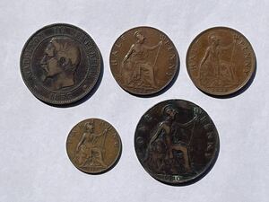 3、フランス　1853年×1枚　イギリス　1910〜1928年×4枚　合計5枚　外国コイン　外国銅貨　古銭　貨幣