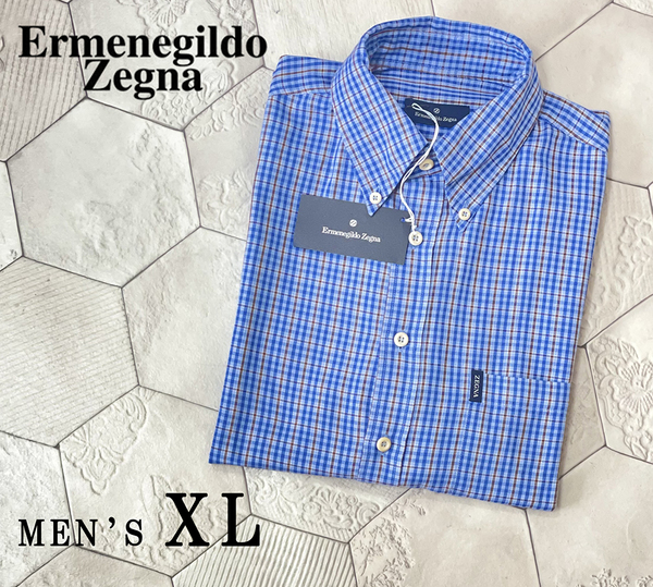 新品タグ付き エルメネジルドゼニア【Ermenegildo Zegna】コットン100％ 爽やかなブルーのチェック柄 半袖BDシャツ XL-XXLサイズ相当