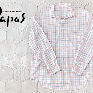 パパス 日本製【Papas】淡い桜色のお洒落なチェック柄 Papasロゴ刺繍入り生地 長袖 コットンBDシャツ XL