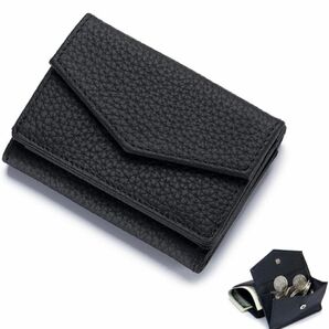 ミニ財布 レディース メンズ 財布 コンパクト 本革 スキミング防止 カード7枚収納 小さい財布 男女兼用- ブラック