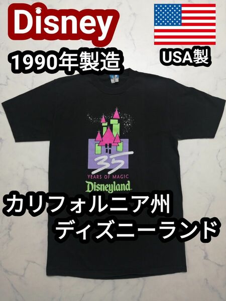 90s USA製 ディズニー シンデレラ城 ミッキーマウス ヴィンテージTシャツ 黒 ブラック M