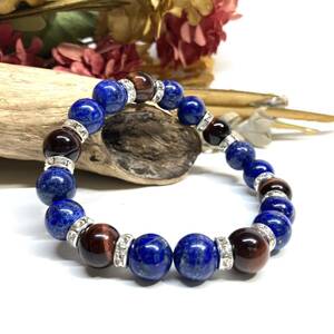  lapis lazuli & red Tiger I Power Stone bracele natural stone breath ( silver ) 10mm men's * lady's luck with money amulet 