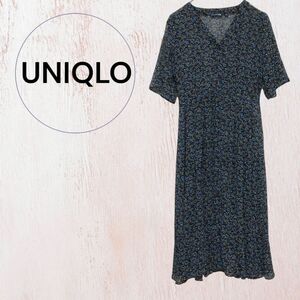 UNIQLO ユニクロ　 ワンピース 花柄 ネイビー 半袖　透け感あり　膝下　シースルー　薄手　エレガント　上品　チュニック