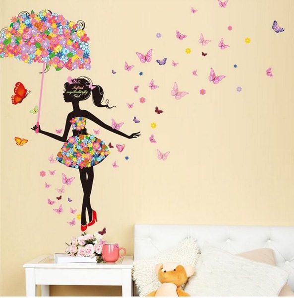 ウォールステッカー 花 蝶 女の子 北欧 飾り 壁紙シール おしゃれ 花傘
