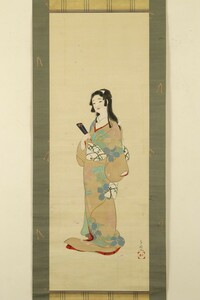 【真作 若年作】掛軸「木谷千種 大正期 桜花美人図」大正昭和 日本画家 女流画家 八千草会 絵画