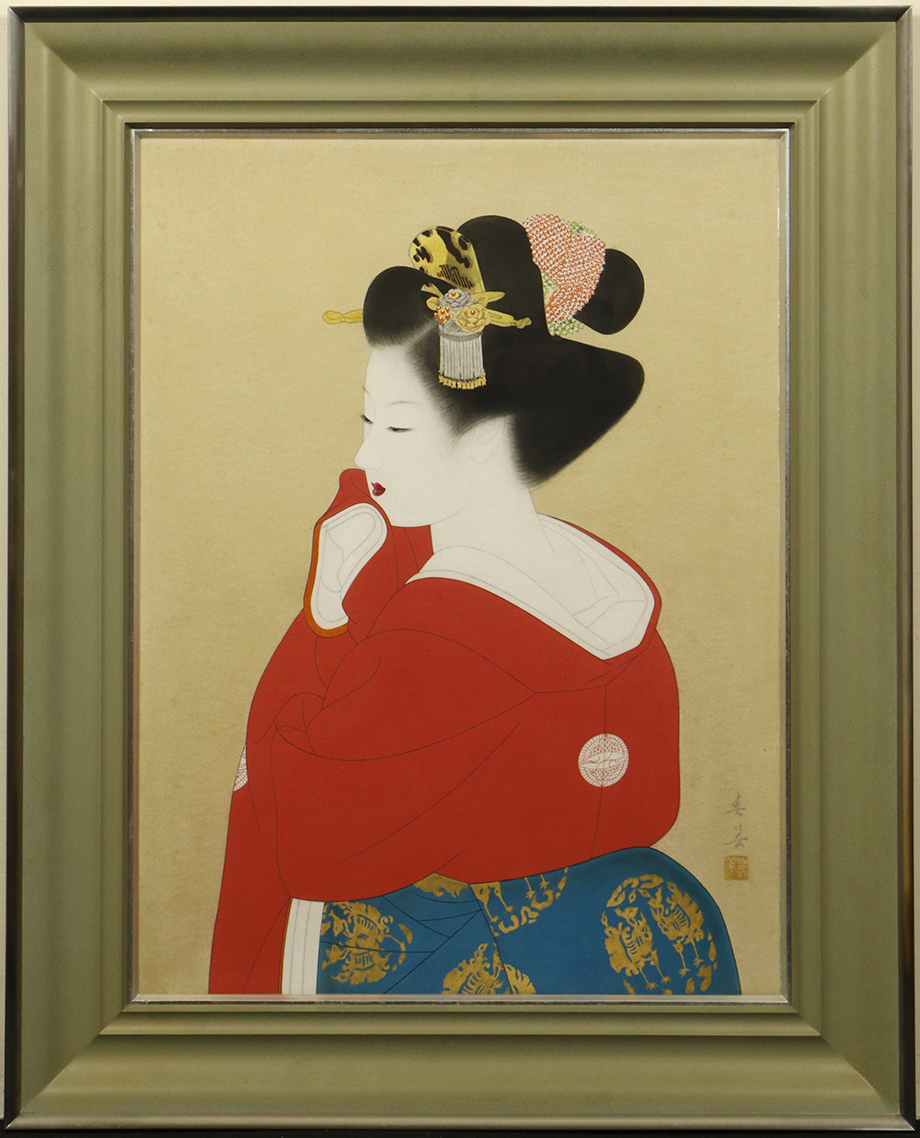【正宗作品, 状况良好] Harumi Tateishi Kisaragi 带框 P12 Co-seal, 银印章, 伊藤伸水门画的《美丽的女人》。, 艺术品, 书, 幛