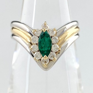  emerald te The Yinling g diamond ring 12.5 number Pt900 K18 emerald lady's [ used ]