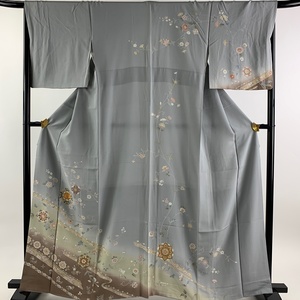 訪問着 身丈162.5cm 裄丈68cm L 袷 華文 花唐草 金糸 金彩 青灰色 正絹 秀品 【中古】