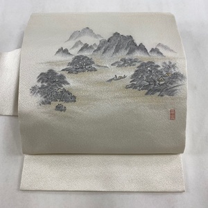 名古屋帯 美品 優品 建物 樹木 箔 灰白 正絹 【中古】