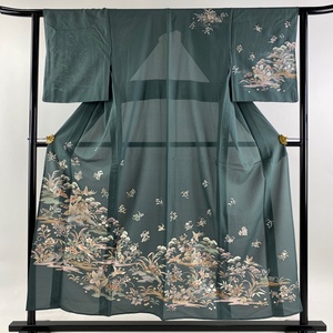 訪問着 身丈154cm 裄丈62.5cm S 薄物 絽 尾長鳥 草花 灰緑 正絹 美品 秀品 【中古】