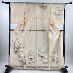 付下げ 身丈161.5cm 裄丈65cm M 薄物 牡丹 萩 サーモンピンク 正絹 秀品 【中古】