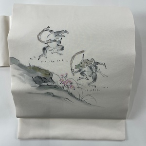 名古屋帯 美品 名品 カエル 草花 クリーム 正絹 【中古】