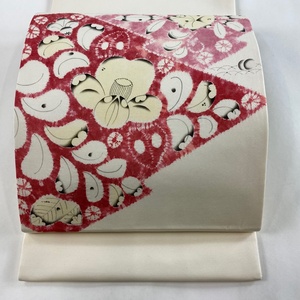 開き名古屋帯 美品 逸品 落款 福村廣利 椿 草花 絞り クリーム 正絹 【中古】