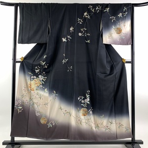 訪問着 身丈155.5cm 裄丈64cm M 袷 雪輪 桜 金銀彩 染分け 黒 正絹 美品 名品 【中古】