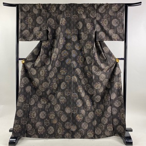 紬 身丈168.5cm 裄丈64cm M 袷 ますいわ屋 麻の葉 丸文 焦茶色 正絹 美品 名品 【中古】