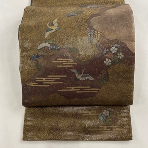 袋帯 美品 名品 松 鳥 箔 螺鈿 茶色 お太鼓柄 正絹 【中古】