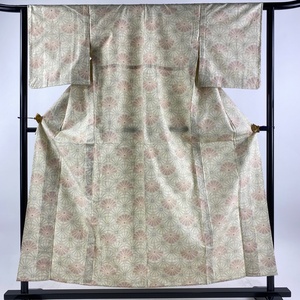 紬 身丈156cm 裄丈62cm S 単衣 菊 ベージュ 正絹 優品 【中古】