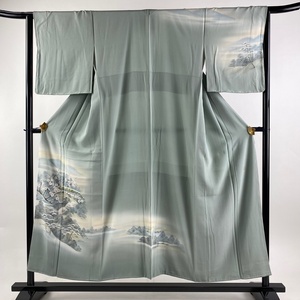 付下げ 身丈151.5cm 裄丈65cm M 袷 落款 風景 梅 ぼかし 灰緑 正絹 優品 【中古】