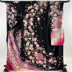 振袖 身丈169cm 裄丈69.5cm L 袷 枝垂れ桜 牡丹 金通し 刺繍 黒 正絹 逸品 【中古】