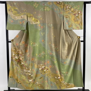 訪問着 身丈153.5cm 裄丈64cm M 袷 松井青々 落款 草花 七宝文 金銀彩 金糸 灰緑 正絹 逸品 一つ紋 【中古】