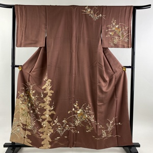 訪問着 身丈158.5cm 裄丈64cm M 袷 松竹梅 菊 金糸 金彩 小豆色 正絹 美品 秀品 【中古】