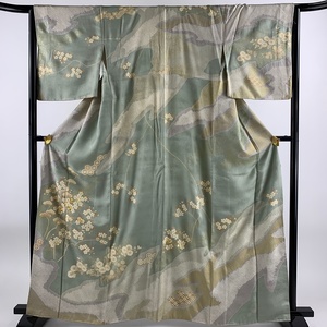 訪問着 身丈162cm 裄丈64.5cm M 袷 桜 松 金糸 絞り 薄緑 正絹 秀品 【中古】