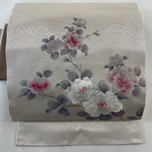 名古屋帯 美品 優品 枝花 刺繍 箔 薄ピンク 正絹 【中古】