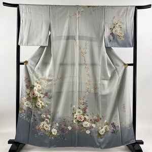 訪問着 身丈162cm 裄丈64cm M 袷 落款 椿 桜 金彩 ぼかし 灰色 正絹 優品 【中古】