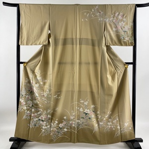 訪問着 身丈161cm 裄丈63.5cm S 袷 草花 桜 金銀彩 ぼかし 薄茶色 正絹 美品 秀品 【中古】