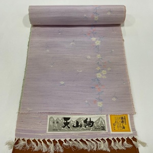 反物 秀品 紬 草花 薄紫 正絹 【中古】