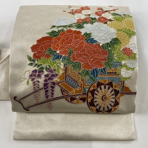 名古屋帯 美品 優品 花車 相良刺繍 銀通し ベージュ 正絹 【中古】