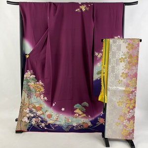 振袖 身丈172.5cm 裄丈70.5cm L 袷 袋帯フルセット 桧扇 桜 金糸 金彩 赤紫 正絹 美品 秀品