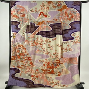  long-sleeved kimono length 165cm sleeve length 64.5cm M. tail length bird . gold paint aperture stop cream silk preeminence goods [ used ]