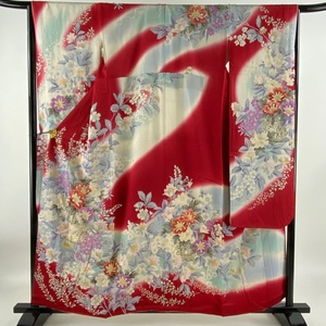  long-sleeved kimono length 158cm sleeve length 66cm M. flower vase . flower gold paint bokashi red silk preeminence goods [ used ]