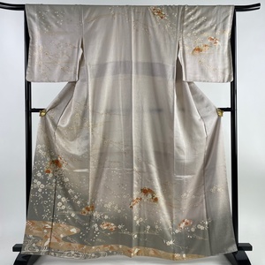 訪問着 身丈164cm 裄丈65.5cm M 袷 扇面 桜 金彩 染め分け 灰紫 正絹 美品 秀品 【中古】