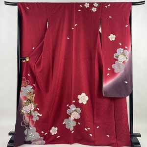  long-sleeved kimono length 169cm sleeve length 67.5cm L.. place car Sakura gold thread gold paint red silk beautiful name of product goods [ used ]