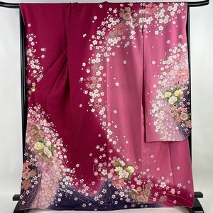 振袖 身丈168.5cm 裄丈69.5cm L 袷 牡丹 桜 箔 銀通し 濃ピンク 正絹 名品 【中古】