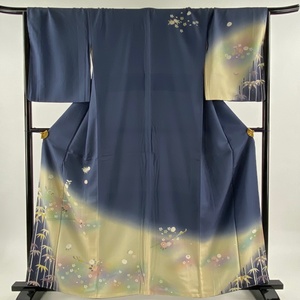 訪問着 身丈160cm 裄丈68cm L 袷 竹 菊 染分け ぼかし 青灰色 正絹 美品 秀品 【中古】