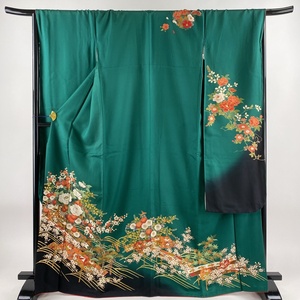 振袖 身丈166.5cm 裄丈67.5cm L 袷 花車 金彩 緑 正絹 美品 名品 【中古】