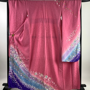 振袖 身丈164.5cm 裄丈67.5cm L 袷 桜 草花 金彩 染め分け ピンク 正絹 名品 【中古】