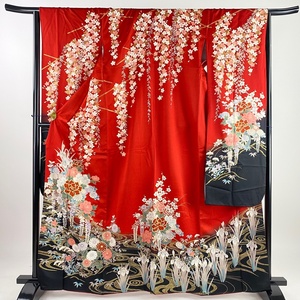 振袖 身丈164cm 裄丈65.5cm M 袷 花車 流水 金糸 金彩 赤 正絹 美品 名品 【中古】