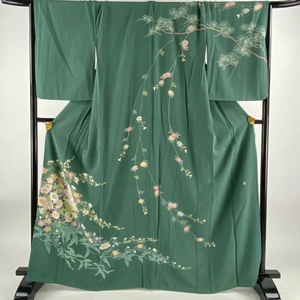 訪問着 身丈165cm 裄丈68.5cm L 袷 落款 草花 緑 正絹 秀品 【中古】