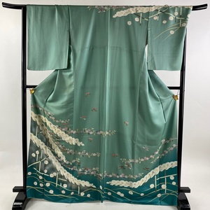 訪問着 身丈167cm 裄丈70cm L 袷 草花 竹 金銀彩 染分 青緑 正絹 秀品 【中古】