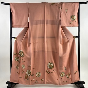 付下げ 身丈158cm 裄丈66cm M 袷 花丸文 草花 金糸 金彩 ピンク 正絹 秀品 【中古】