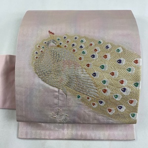 名古屋帯 美品 優品 孔雀 金銀糸 刺繍 ピンク 正絹 【中古】