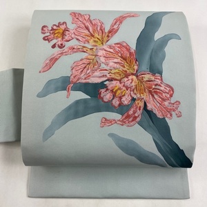 名古屋帯 優品 花 薄緑 正絹 【中古】