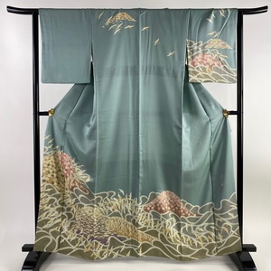 訪問着 身丈163.5cm 裄丈64cm M 袷 坂井教人 落款 鶴 梅 刺繍 金彩 水色 正絹 逸品 【中古】