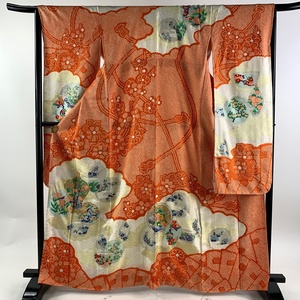  long-sleeved kimono length 164cm sleeve length 66cm M. vessel thing . gold thread aperture stop orange silk beautiful goods preeminence goods [ used ]