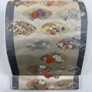 袋帯 美品 優品 扇面 花鳥 箔 金糸 ベージュ お太鼓柄 正絹 【中古】